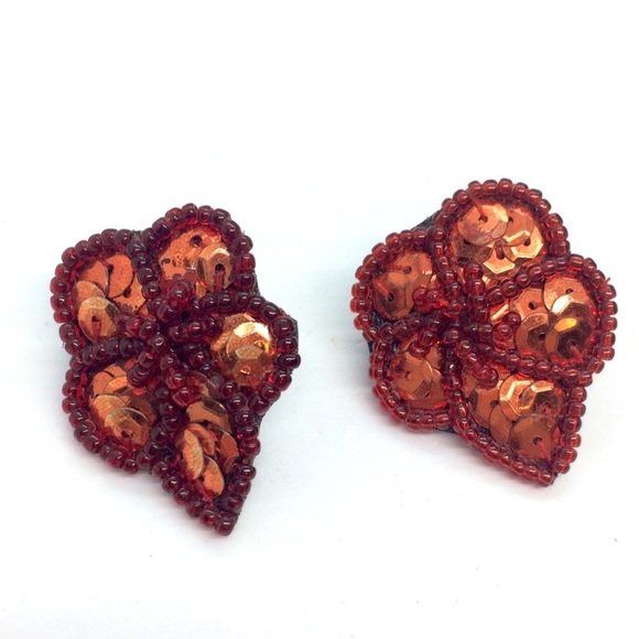 3/$30 VINTAGE 80s SEQUINS SEED BEAD LEATHER BACK EARRINGS - Picture 1 of 9
